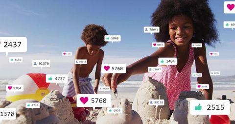 Kids building sandcastles on sunny beach with social media likes and hearts overlay