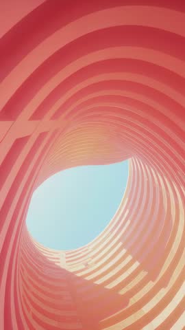 Vertical video featuring red tubular ribs curving upward and framing pale blue sky