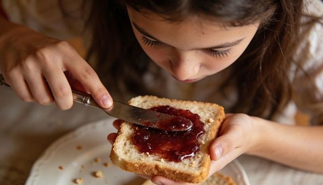 Child spreading berry jam on toast at morning table close-up natural light breakfast