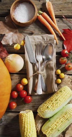Rustic Autumn Produce with Cutlery on Wooden Table - Download Free Stock Images Pikwizard.com