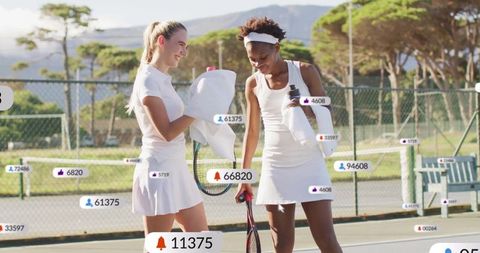 Women Tennis Friends Smiling Sharing Break on Court