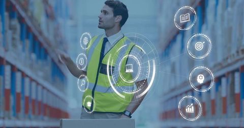 Warehouse Supervisor Inspecting Racking with Digital HUD for Logistics Analytics