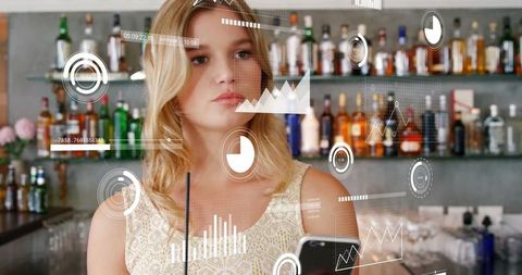 Woman analyzing data overlays at modern bar counter