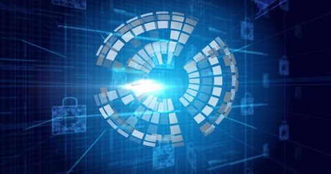Pulsing segmented holographic hud in data tunnel with padlock icons for advanced cybersecurity