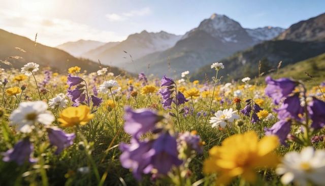 Sunlit alpine wildflower meadow glowing with purple bellflowers and golden daisies at dawn