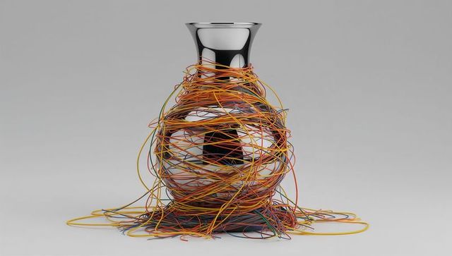 Polished chrome vase wrapped in multicolor insulated wires abstract industrial sculpture