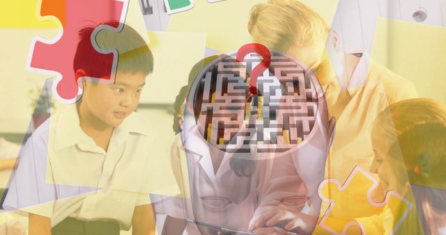 Teacher guiding diverse group of students where classroom setting is highlighted by educational puzzles and mazes. Ideal for educational blogs, tutoring services, and content about innovative teaching methods. Demonstrates teamwork, guidance, and problem-solving in an educational environment.
