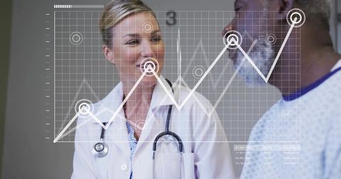 Doctor Consulting Patient while Digital Health Metrics Overlay Tracks Rising Vital Trends