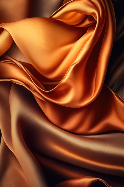 Close-up of velvet fabric with flowing textures, showcasing rich orange and brown tones. Perfect for fashion websites, interior design blogs, textile industries advertising, and luxury brand promotions. This detailed image highlights the softness and elegance of the material, making it suitable for various creative projects.