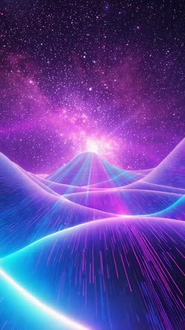Neon Dunes Panning Vertical Video Through Purple Galaxy Star Field, Futuristic Cosmic Loop