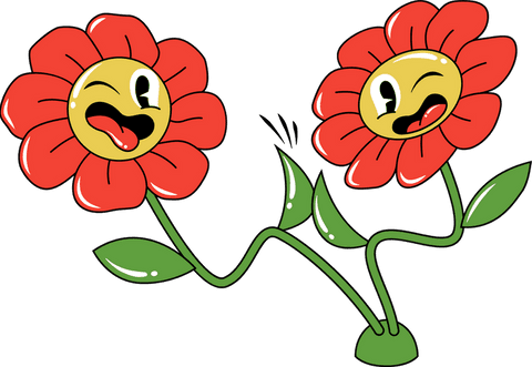 Whimsical cartoon flowers playing on transparent background