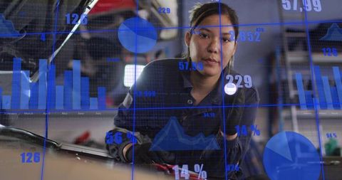 Female Auto Technician Inspecting Engine with Digital Data Overlay and Diagnostic Analytics