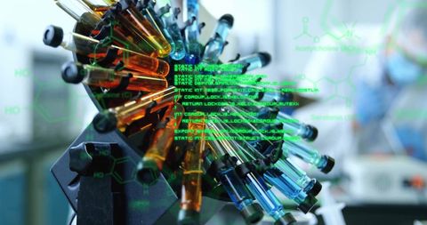scientist uses digital analytics on colorful chemical solutions in a rotating stand. ideal for illustrating modern scientific research, innovation in chemistry labs, or advancements in laboratory technology.