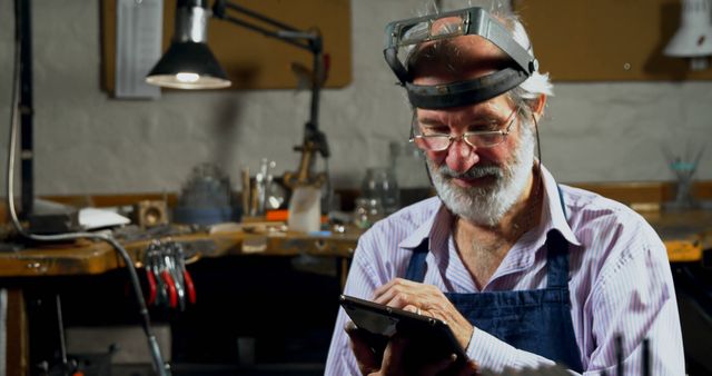 Old craftsman focusing on work in dimly lit workshop can be used in articles about craftsmanship, small businesses, skilled labor, or working into late age. Ideal for portraying dedication, skill, expertise, and the art of handcrafting.