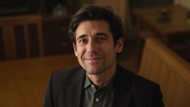 Smiling professional man leaning in cozy café corner warm executive headshot portrait