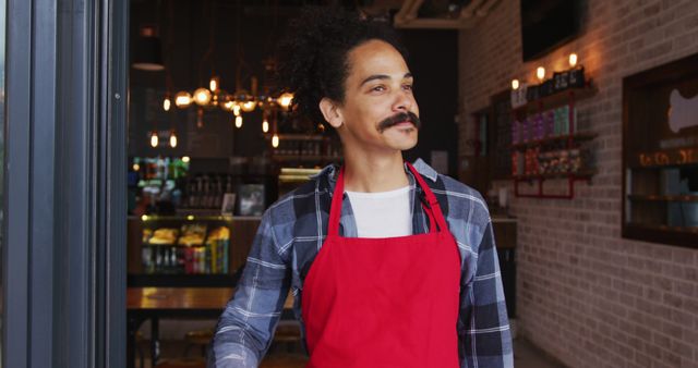 Smiling Barista in Red Apron Standing in Modern Cafe - Download Free Stock Images Pikwizard.com