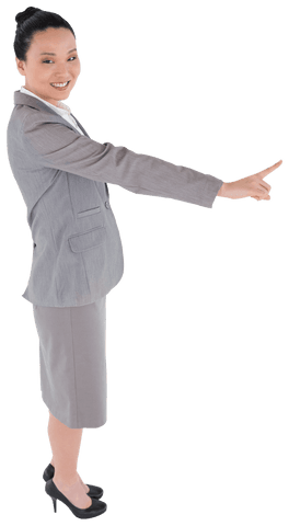Transparent Smiling Asian Businesswoman Pointing with Confidence