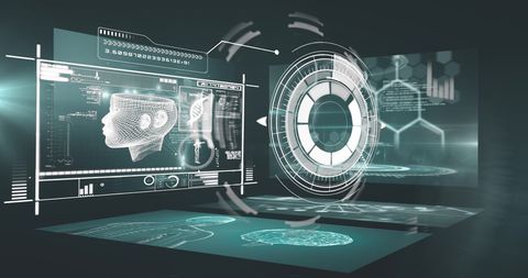 High-tech interface with digital analytics and futuristic design