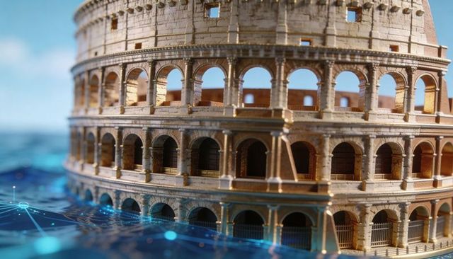 Colosseum arches rising from digital sea with glowing network overlay and holographic grid