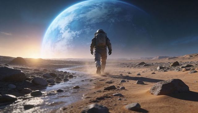 Solitary astronaut walking across alien desert with distant blue planet rising at sunrise