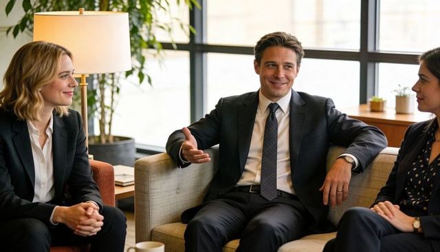 Corporate leader engaging team on sofa in modern office lounge during informal meeting