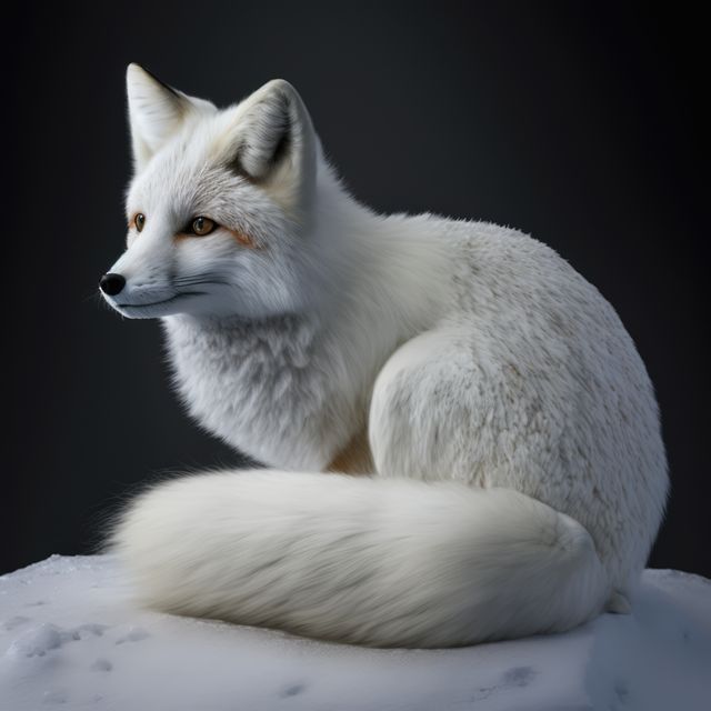 White Arctic fox with thick fur sitting calmly on snow, showcasing its beautiful winter coat and bushy tail. Perfect for nature and wildlife articles, winter themes, conservation campaigns, educational materials, or creative projects involving arctic animals.