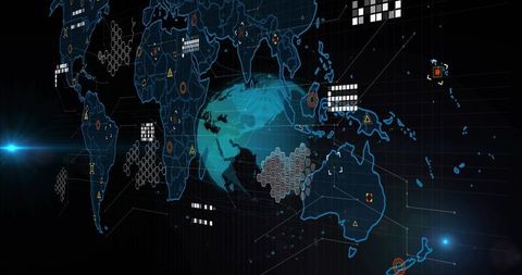 Futuristic holographic global network dashboard with cyan globe and data visualization