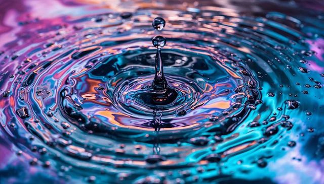 Vibrant Water Droplet Creating Ripples in Futuristic Setting