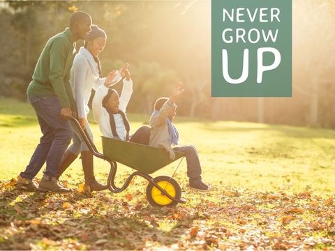 Playful family day in sunlit park with wheelbarrow fun