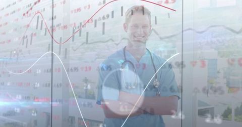 Smiling Doctor in Scrubs Overlaid with Financial Graphs