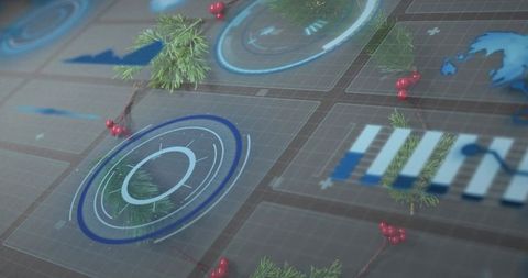 Displaying futuristic holographic hud glowing over glass grid with pine and red berries