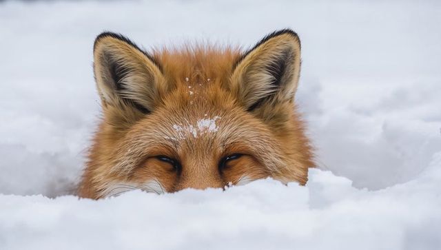 Red fox peeking through snowbank close-up winter wildlife portrait with snow-flecked fur