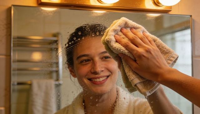 Smiling young woman wiping fogged bathroom mirror with towel under warm vanity lights