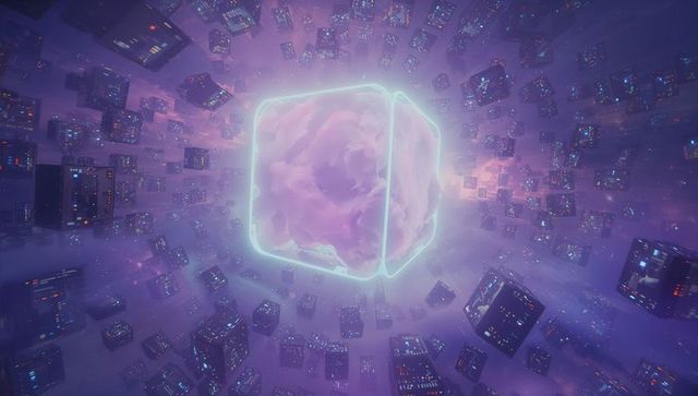Futuristic Glowing Cube in Cybernetic Space with Digital Art Design