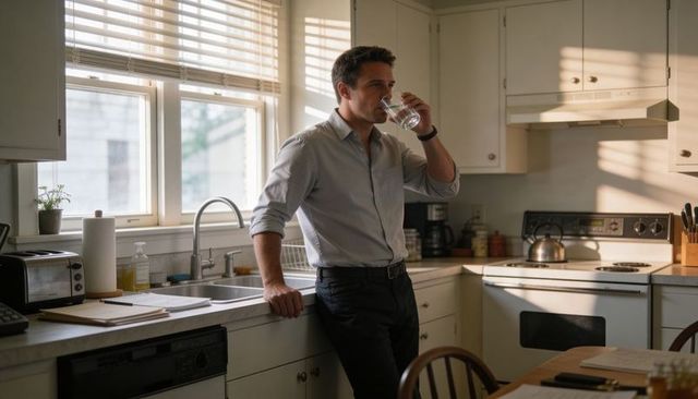 Man drinking water in sunlit kitchen leaning on counter morning routine casual home