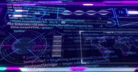 Futuristic holographic ar display with code and world map