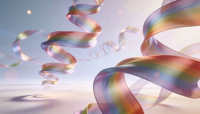 Ethereal twisting satin rainbow ribbons floating in pastel studio with bokeh light orbs