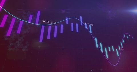 Neon candlestick trading chart showing glowing bars with smoothed trend line and points