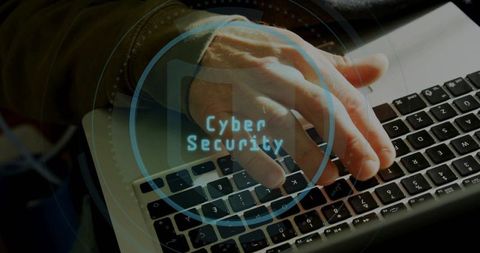 Mature hands typing on laptop with cybersecurity hologram overlay, data privacy concept