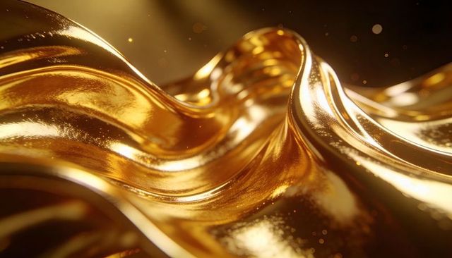 Flowing liquid gold wave abstract background with glossy metallic texture and bokeh