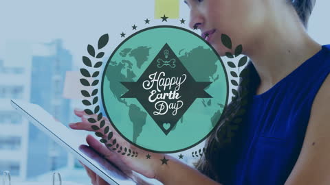 Happy Earth Day Overlay with Woman Using Tablet in Modern Office