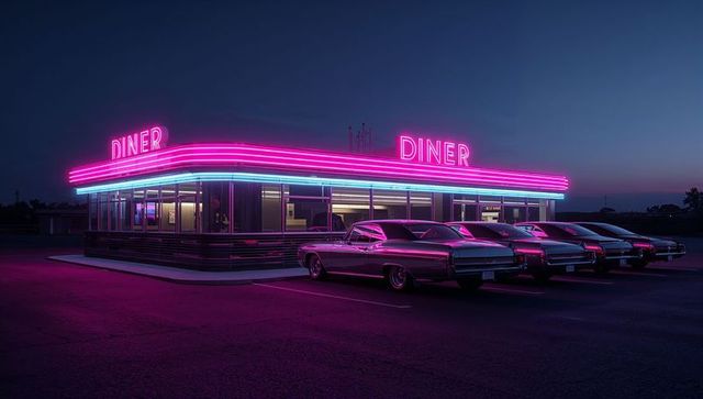 Neon diner glowing at dusk with vintage cars reflecting magenta cyan lights
