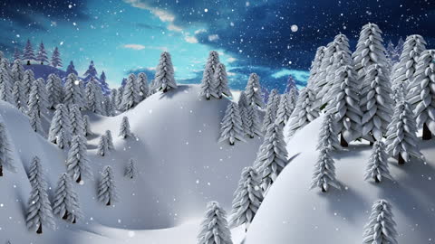 Snowfall Over Winter Forest with Fir Trees