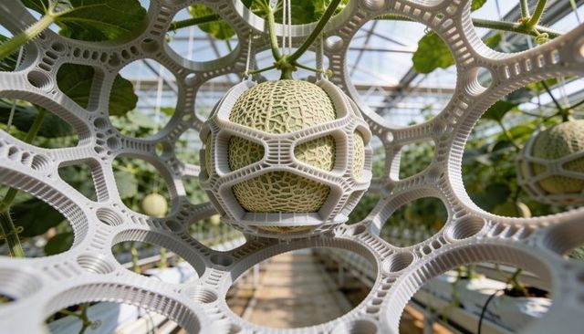 3d-printed support cage protecting hanging cantaloupe in commercial greenhouse hydroponics