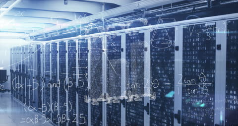 Digital Data Processing Animation Over Modern Server Room