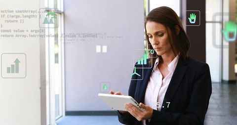 Businesswoman Using Tablet with Holographic Data Overlays for Sustainability Analytics