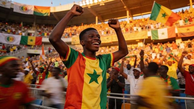 Joyful senegal supporter raising fists in green-star tricolor jersey at sunlit stadium celebration