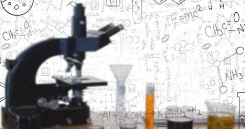 Microscope and Lab Equipment with Scientific Formula Illustrations