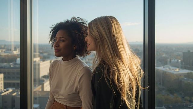 Sunlit coworkers standing by floor-to-ceiling window, gazing over urban skyline at golden hour
