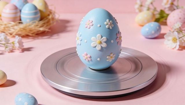Pastel blue easter egg decorated with daisy motifs on silver turntable with spring flowers
